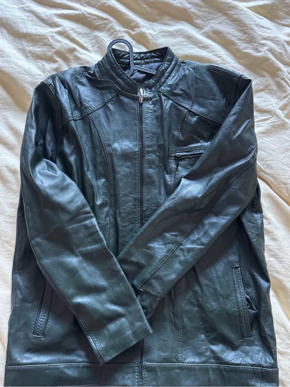 Mens Dark Green Leather Zip-Front Jacket
